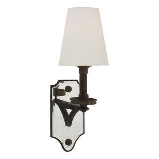 Thomas O'Brien for Visual Comfort Signature Verona Mirrored Sconce in Weathered Iron with Linen Shade For Sale