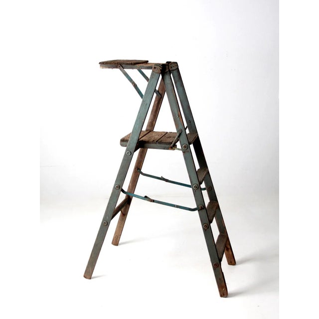 Farmhouse Vintage Wooden Platform Ladder For Sale - Image 3 of 13