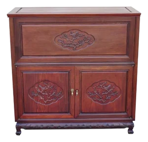 Vintage Chinese Carved Hardwood Bar Liquor Cabinet Console With Mirrors