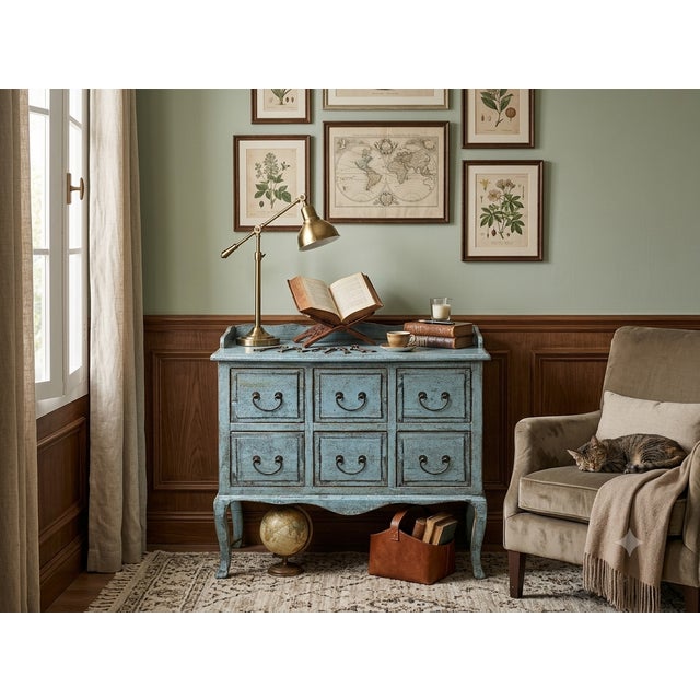 Distressed Pale Blue Curved Legs 6 Drawers Dresser Credenza Side Table For Sale In San Francisco - Image 6 of 16