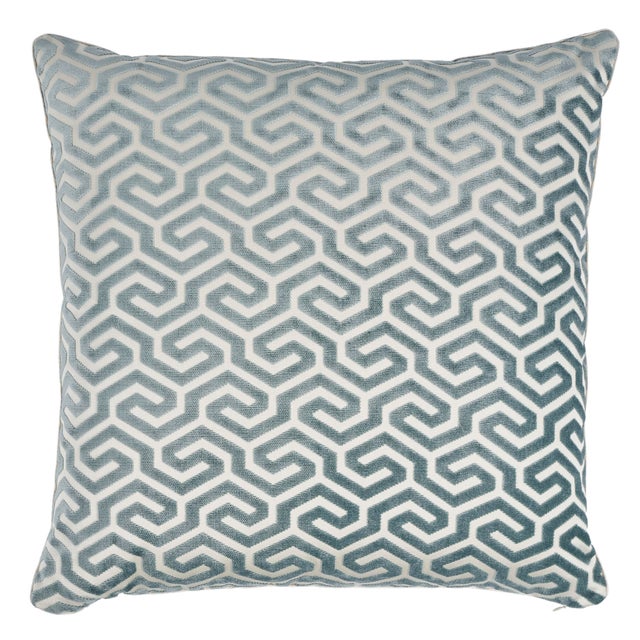 Mid-Century Modern Schumacher Ming Fret Velvet 18" Pillow in Mineral & White For Sale - Image 3 of 3