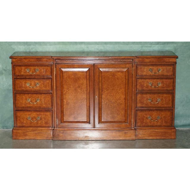 Exceptionally well-made Theodore Alexander burr walnut breakfront serving sideboard, originally retailed in England...