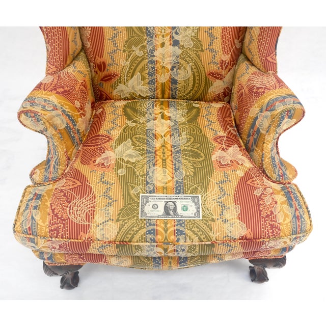 Wood Large Fancy Floral Pattern Uphlstry Fine Carved Ball & Claw Feet Wing Chair MINT For Sale - Image 7 of 13