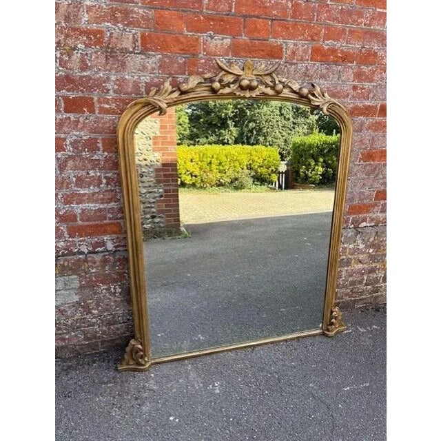 Glass Large Antique English Gilt Arched Top Overmantle Mirror, 19th Century For Sale - Image 7 of 8