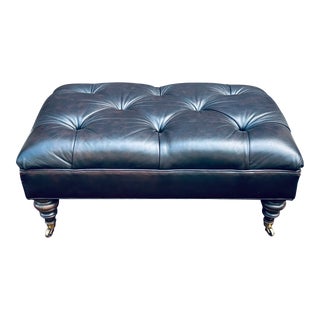 Ethan Allen Diamond Tufted Dark Brown Leather Ottoman on Brass Casters For Sale