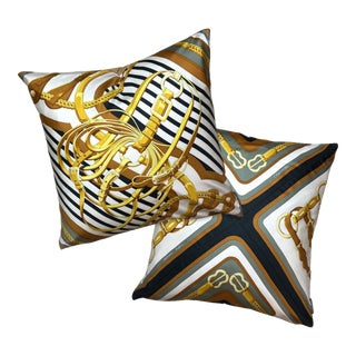 Hermes Coaching Vintage Silk Scarf Pillows- a Pair For Sale