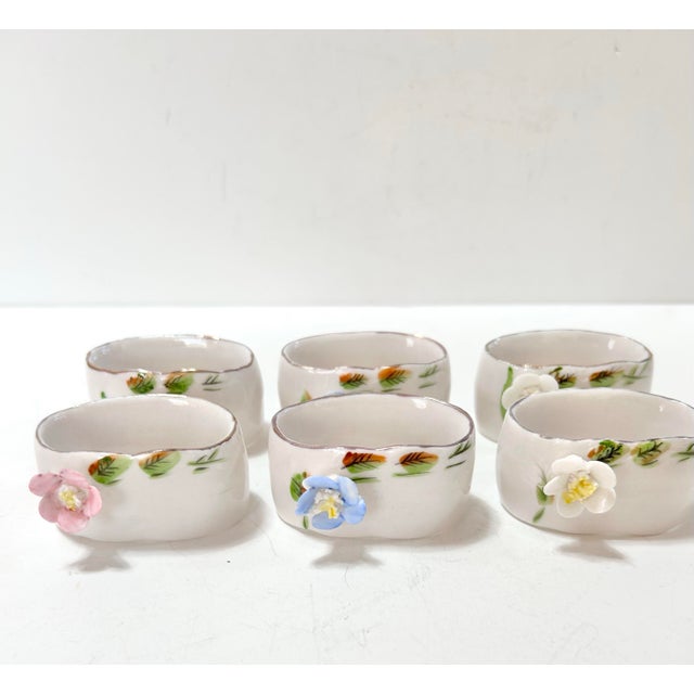 Ceramic Vintage Hand-Painted Floral Porcelain Napkin Rings With Applied Flowers – Set of 6, Shafford For Sale - Image 7 of 12