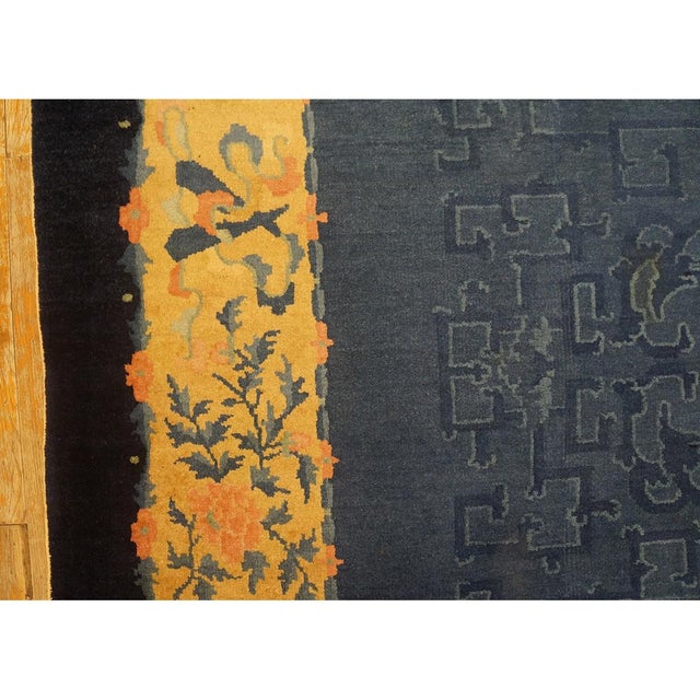 Chinese 1920s Blue Ground Geometric Antique Chinese Peking Rug 6'10" X11'8" Wool Carpet For Sale - Image 3 of 11