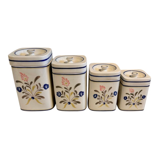 Vintage Portuguese Kitchen Canister Set Heavy Porcelain Handpainted Floral Motif - Set of 4 For Sale