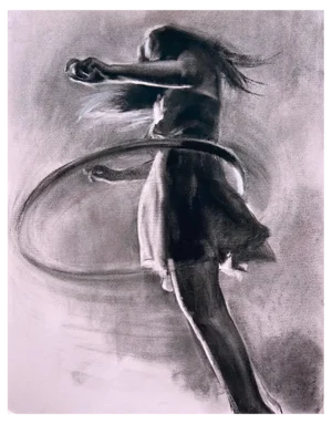 Girl and Hula Hoop, 2021, Charcoal Drawing on Paper