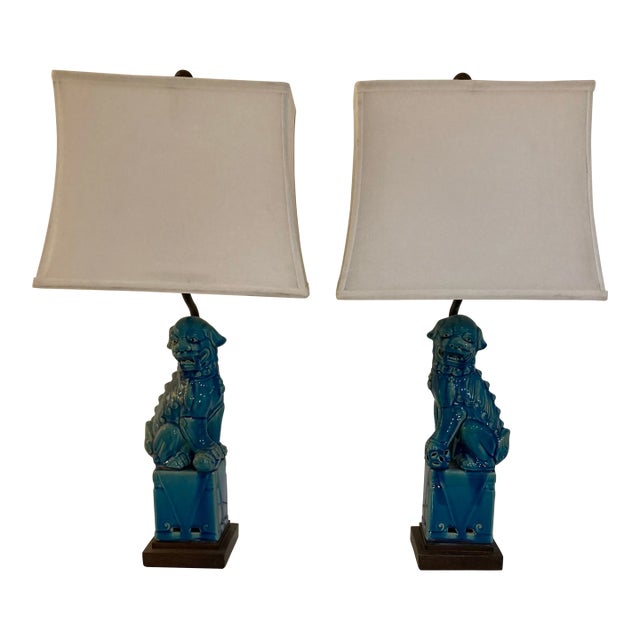 Foo Dog Turquoise Glazed Porcelain Table Lamps With Pagoda Shades - A Pair For Sale