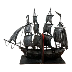Vintage Handmade Metal Pirate Ship Bookends- Set of 2