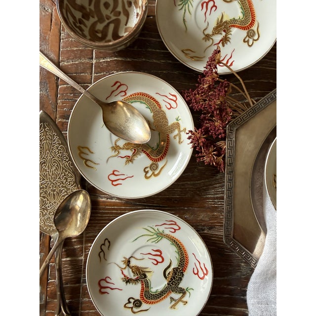 Japanese Vintage Japanese Dragonware Moriage Saucers – Set of 4 For Sale - Image 3 of 11