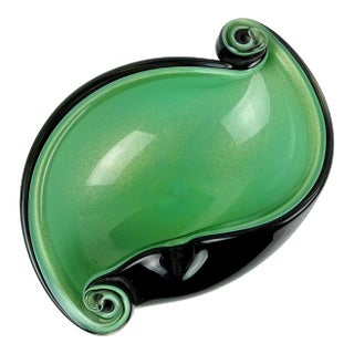 Murano Barbini Vintage Black Over Green Gold Flecks Italian Art Glass Scroll Shell Bowl Ashtray For Sale