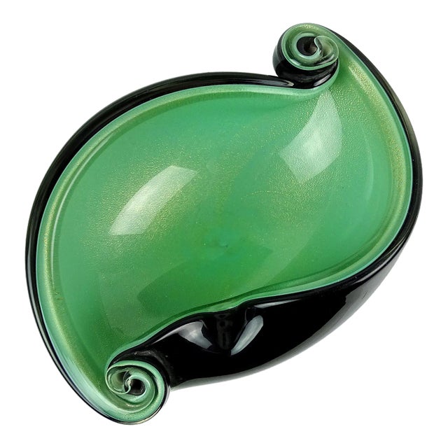 Murano Barbini Vintage Black Over Green Gold Flecks Italian Art Glass Scroll Shell Bowl Ashtray For Sale