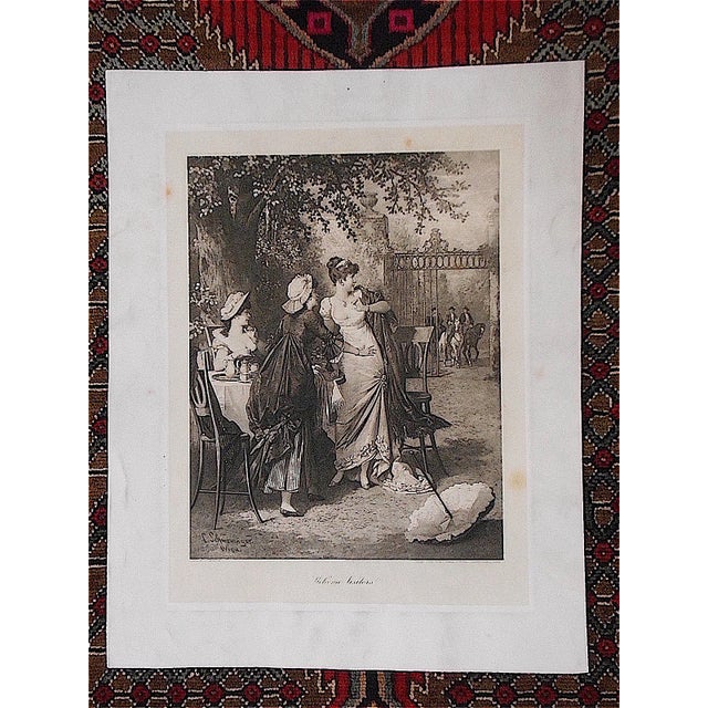 This double elephant size antique lithograph depicts a group of three young ladies anxiously preparing to greet three...
