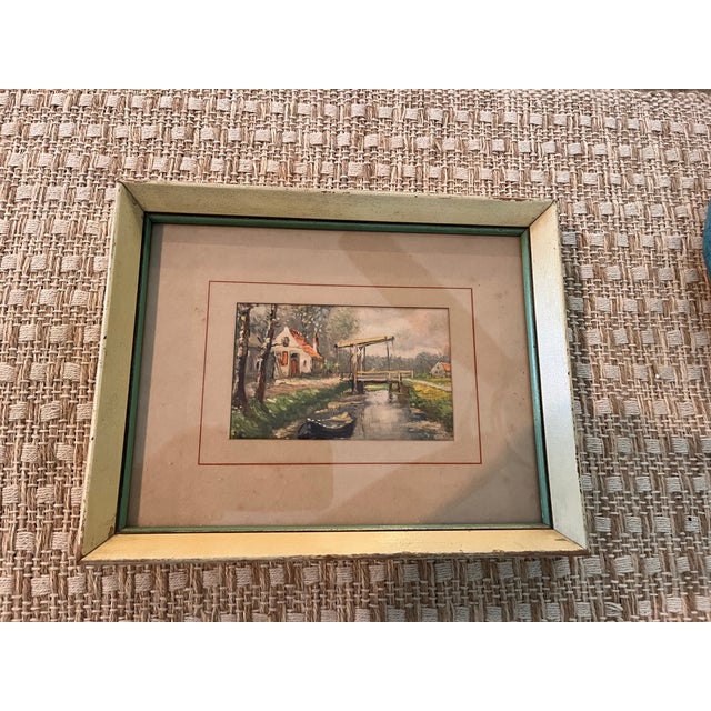 Vintage Mid-Century European Canal Landscape Painting With Bridge & Cottage, Framed For Sale In West Palm - Image 6 of 8