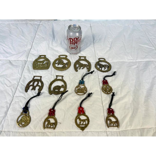 Set of 12 antique English horse brass ornaments. Horse brasses were used to decorate shire and parade horses for special...