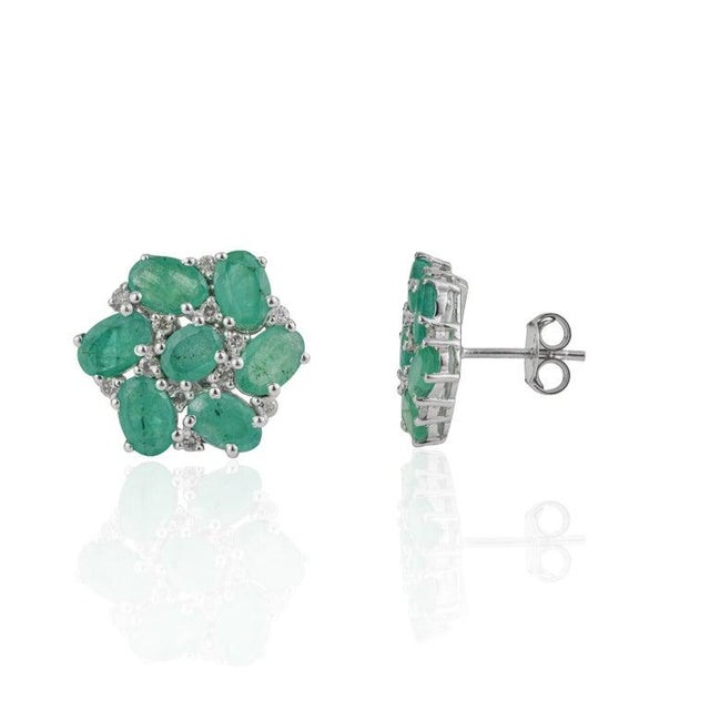 925 Silver 6.21 Ct Emerald and Diamond Floral Cluster Stud Earrings, a Pair For Sale - Image 9 of 12