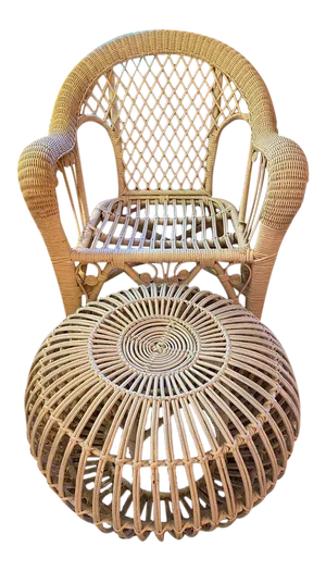 Franco Albini Designer Wicker Lounge Chair and Ottoman