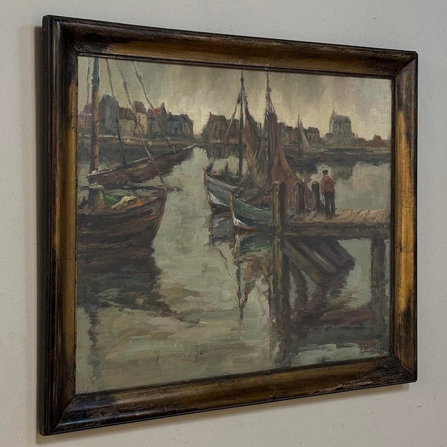 Early 20th Century Antique Framed Oil Painting on Canvas by A. Sengier (1886-1964) 'Sailboats at the Quay' For Sale - Image 5 of 16