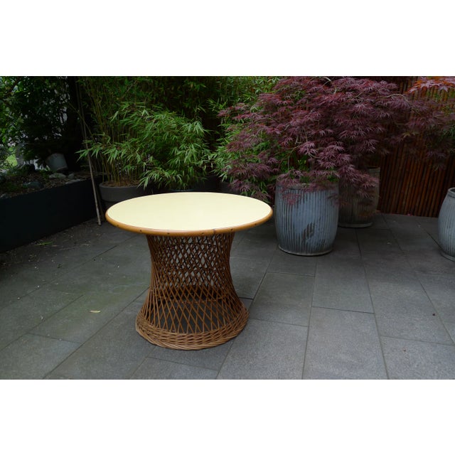 Mid-Century Round Bamboo and Wicker Garden Table with Yellow Top For Sale - Image 6 of 9