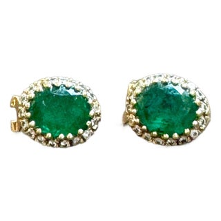 5 Carat Oval Shape Emerald & 1 Ct Diamond Post Back Earrings 14 Karat Yello Gold For Sale