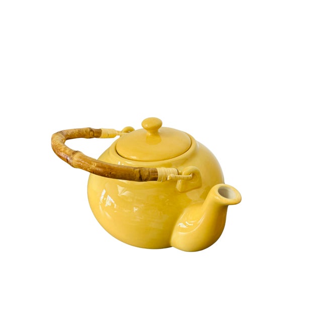 Vintage Pottery Barn Sausalito Yellow Ceramic Teapot – Bamboo Handle – Asian-Inspired Stoneware Tea Kettle A charming...