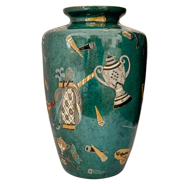 A striking late 20th-century decorative porcelain vase featuring an all-over raised enamel (moriage-style) golf motif set...
