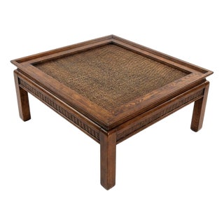 Vintage Asian Modern 38" Square Hardwood & Rattan Coffee Table For Sale