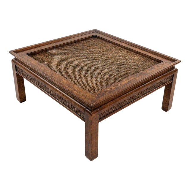 Vintage Asian Modern 38" Square Hardwood & Rattan Coffee Table For Sale