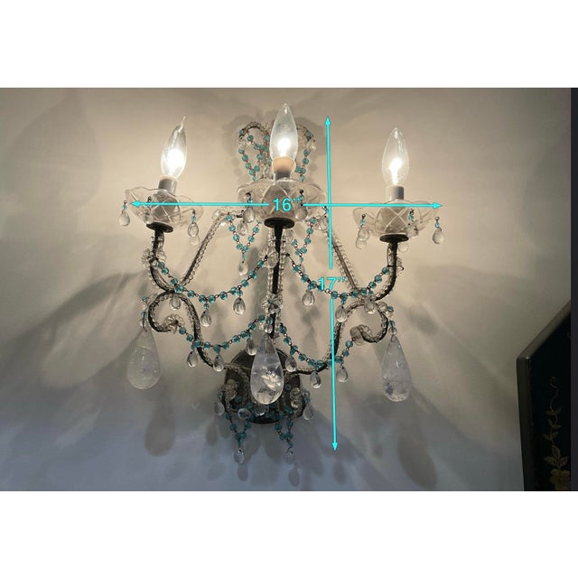 Pair of Crystal & Turquoise Beaded Three-Light Wall Sconces For Sale In Los Angeles - Image 6 of 6