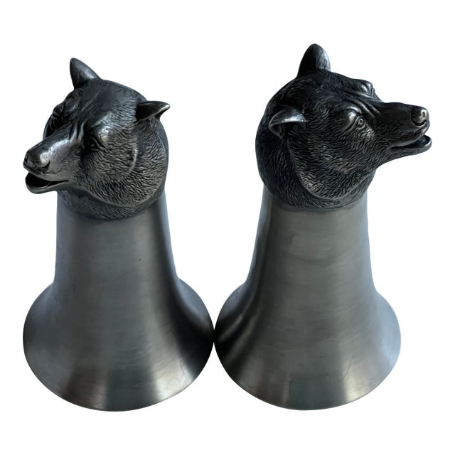 1990s Traditional Pewter Bear Head Stirrup Cups - a Pair For Sale