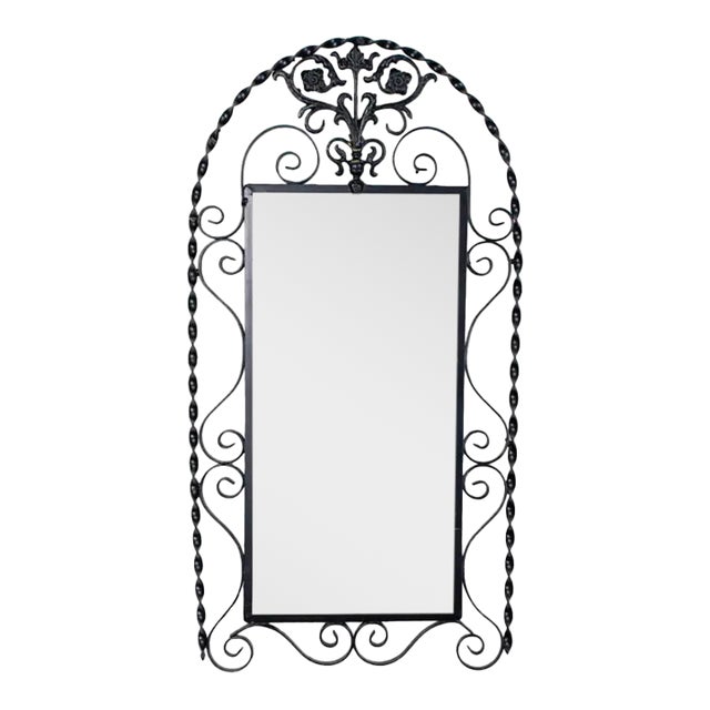 Mid-20th Century Art Deco Wall Mirror Black Painted Wrought Iron Frame W/Cast Brass Details & Arched Top For Sale