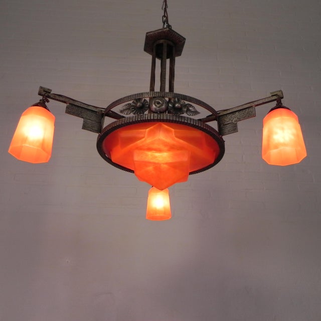 Art Deco Pendant Lamp with Glass Bowl and 3 Chalices, 1930s For Sale - Image 6 of 18