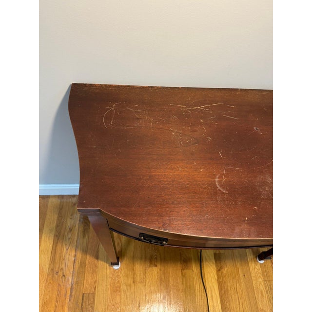 Wood Mid 20th Century Mahogany Flip-Top Demi-Lune Game Table Console — Elegant Convertible Hall Table For Sale - Image 7 of 7