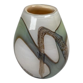 Hand-Blown Art Glass Vase, Cream Green & Brown Modern Design For Sale