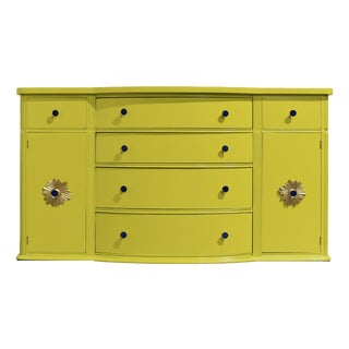 Mid Century Mahogany Curve Front Buffet Console in Chartreuse- Newly Painted For Sale