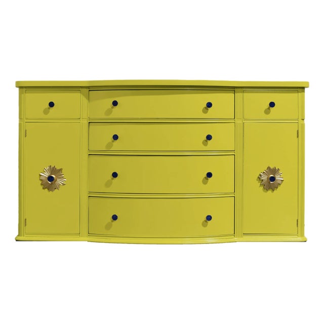 Mid Century Mahogany Curve Front Buffet Console in Chartreuse- Newly Painted For Sale