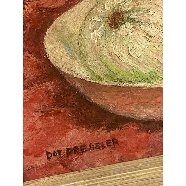 Wood Vintage Oil Paintings signed “Dot Pressler.” – a Pair Onion Still Lifes With Beautifully Dry Matte Surface & Pronounced Impasto For Sale - Image 7 of 12