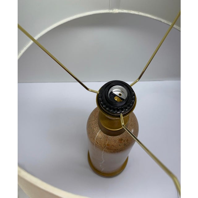 Ralph Lauren Vintage Pink Marble Column Table Lamp With Brass Accents and Linen Shade For Sale - Image 4 of 5