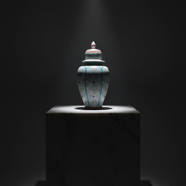 Ceramic Handmade Ceramic “Shah” Vase (30cm) – Golden Horn Spirals & Dome Lid – Royal Iznik Decor For Sale - Image 7 of 7