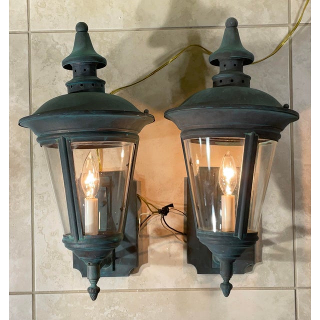 Timeless Elegance: Pair of Antique Verdigris Brass Wall Lanterns For Sale - Image 12 of 12
