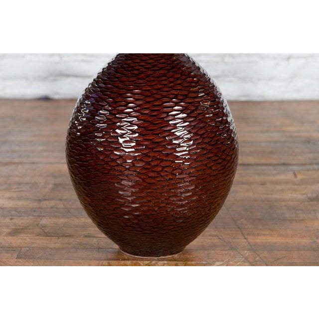 Prem Collection Handcrafted Burgundy Vase with Textured Honeycomb Style Motifs For Sale - Image 9 of 12