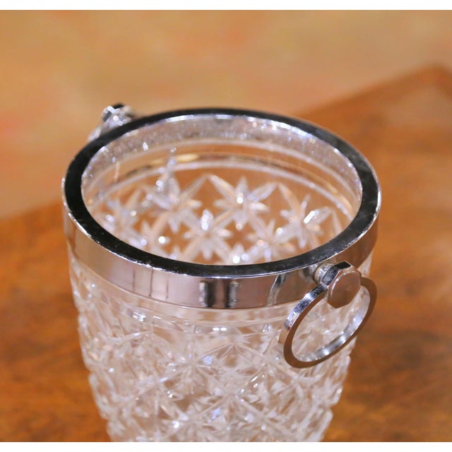 French Mid-Century French Cut Crystal Ice Bucket With Silver Ring Handles For Sale - Image 3 of 11