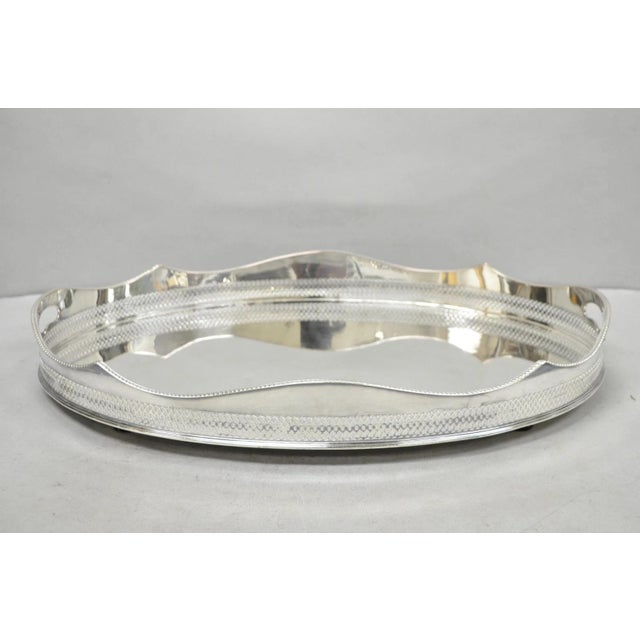 Antique English Edwardian Silver Plated Scalloped Oval Butlers Serving Platter Bar Tray with Pierced Lattice Gallery and...