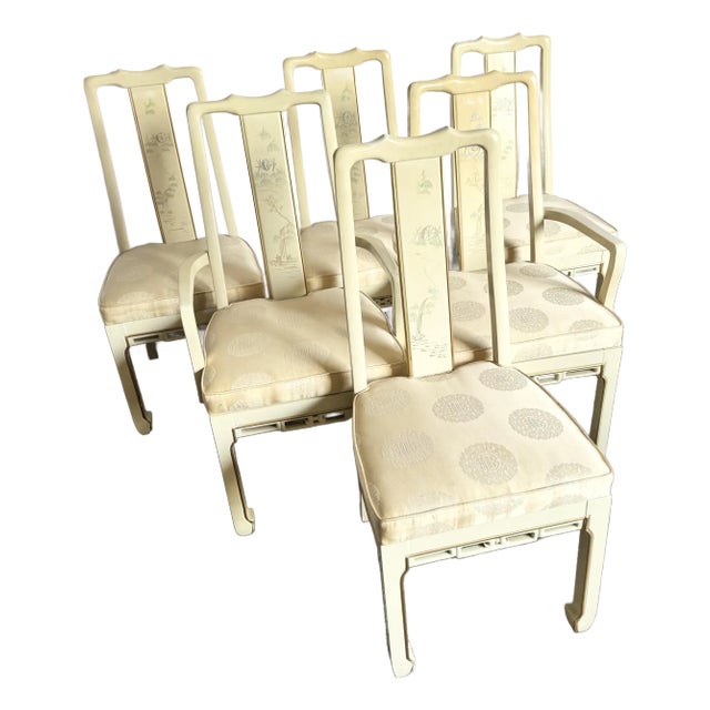 Vintage Chinese Cream Lacquered Hand Painted Dining Chairs - Set of 6 For Sale