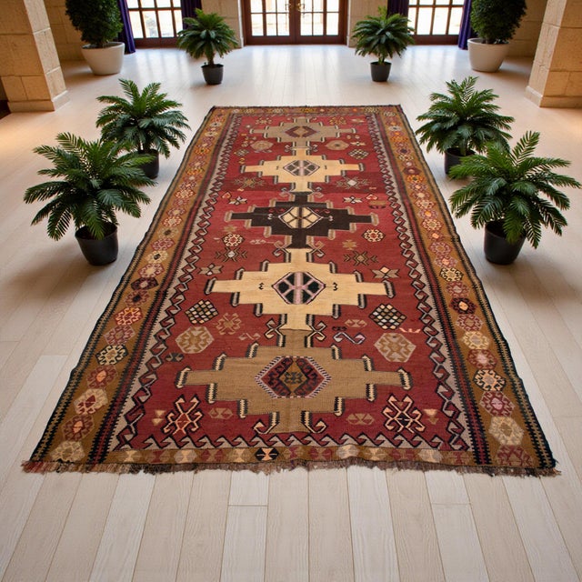 This authentic 1970s flatweave rug from the Kars region of Eastern Anatolia is a sophisticated document of tribal geometry...