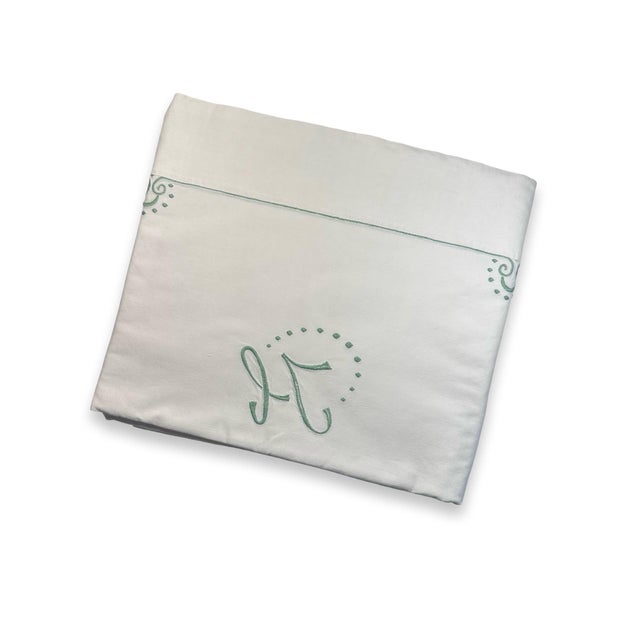 Linen Antique French Linen Sheet, Jl Monogram With Sage Green Embroidery, Circa 1920 For Sale - Image 8 of 11