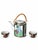 A richly decorated Chinese porcelain tea set featuring a cylindrical lidded teapot and two coordinated handleless cups....